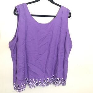 2X Bob Mackie Wearable Art Tank Top blouse Purple Linen embroidered Eyelet